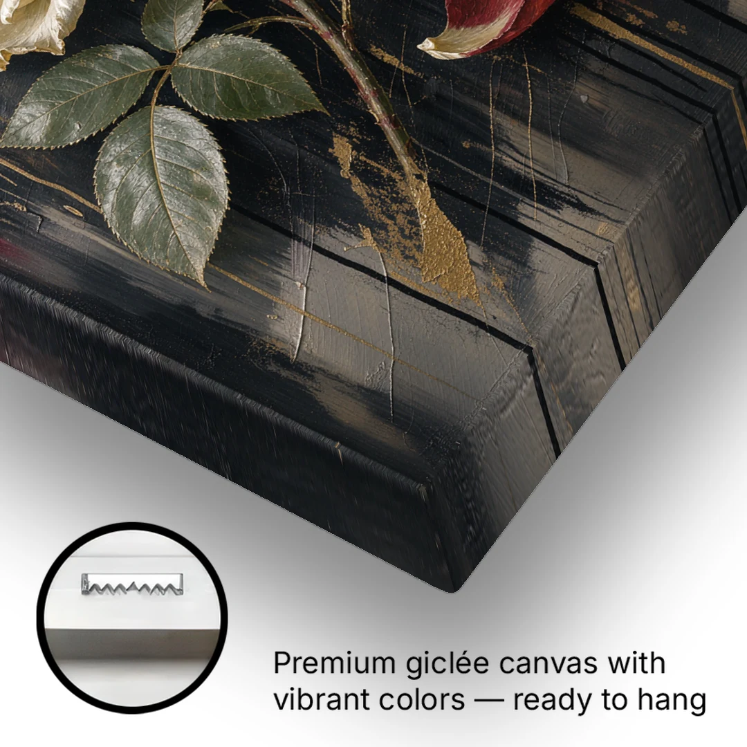 Black Floral Wall Art with Ivory Roses and Gold - Canvas Wall Art - Gallery Wrap Corner