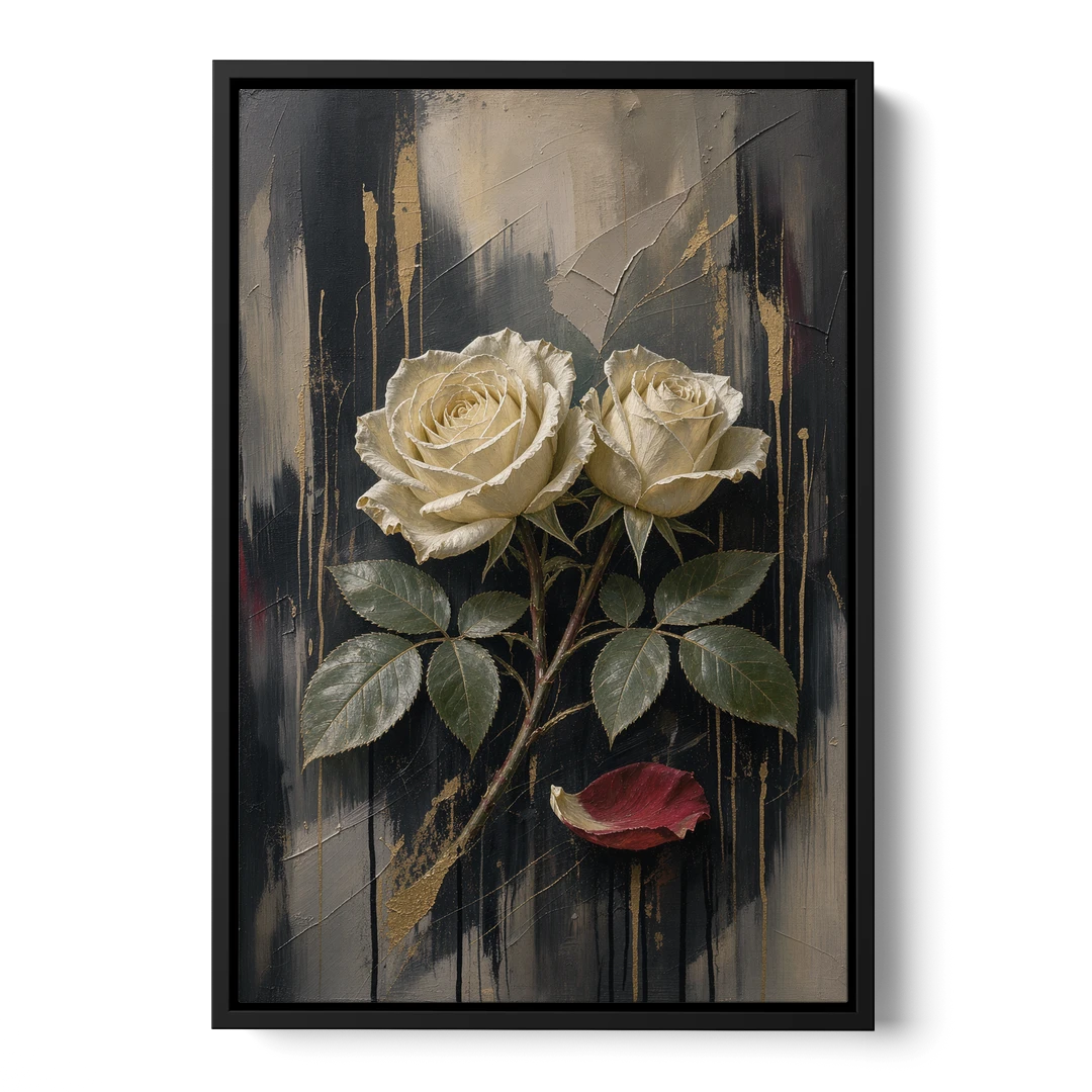 Black Floral Wall Art with Ivory Roses and Gold - Black Framed Canvas Wall Art - Front