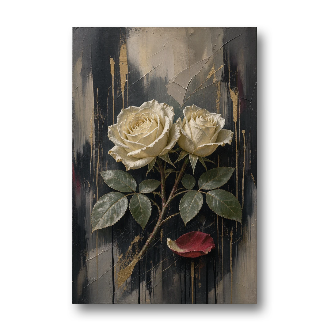 Black Floral Wall Art with Ivory Roses and Gold - Canvas Wall Art - Front