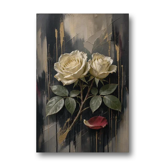 Black Floral Wall Art with Ivory Roses and Gold - Canvas Wall Art - Front
