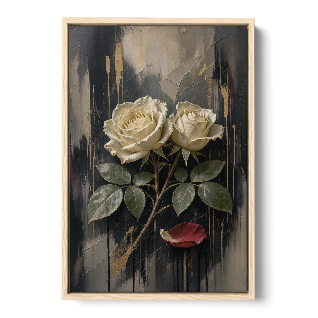 Black Floral Wall Art with Ivory Roses and Gold - Oak Framed Canvas Wall Art - Front