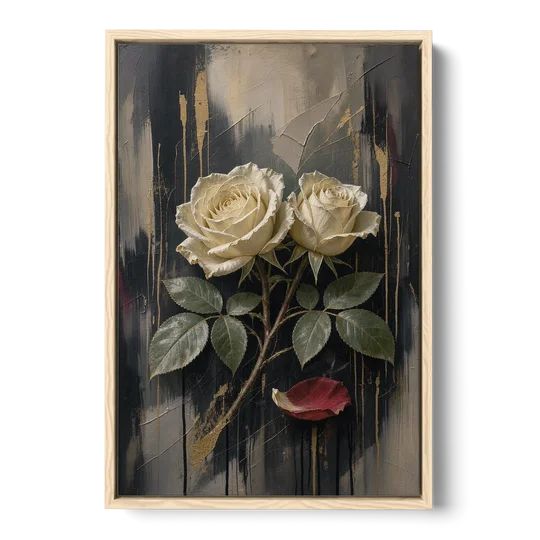 Black Floral Wall Art with Ivory Roses and Gold - Oak Framed Canvas Wall Art - Front