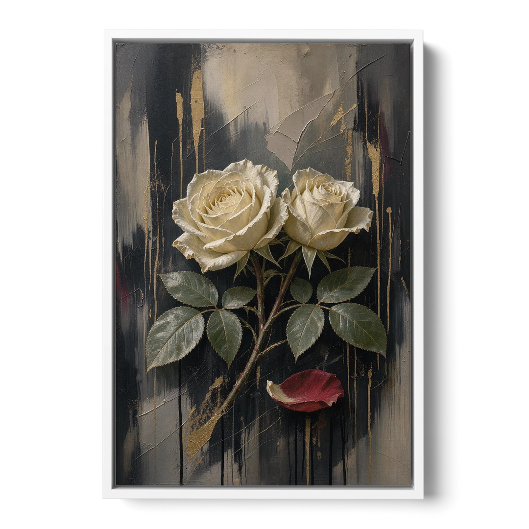Black Floral Wall Art with Ivory Roses and Gold - White Framed Canvas Wall Art - Front