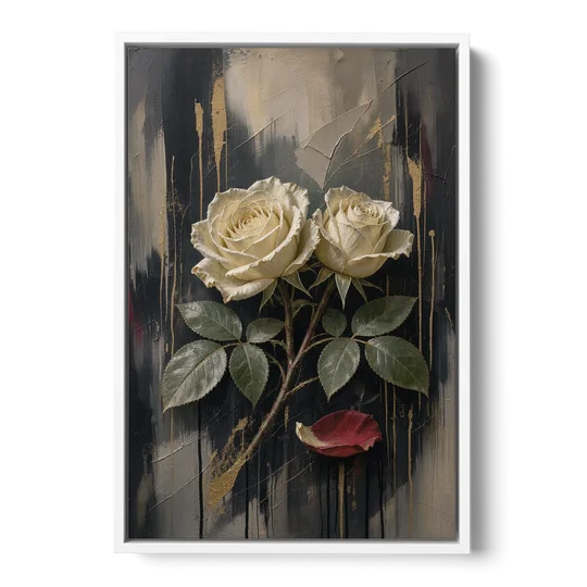 Black Floral Wall Art with Ivory Roses and Gold - White Framed Canvas Wall Art - Front