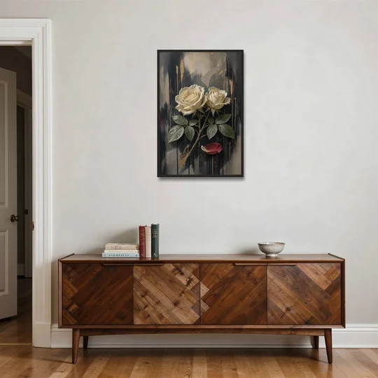 Black Floral Wall Art with Ivory Roses and Gold - Black Framed Canvas Wall Art - Coffee Table - 24x36
