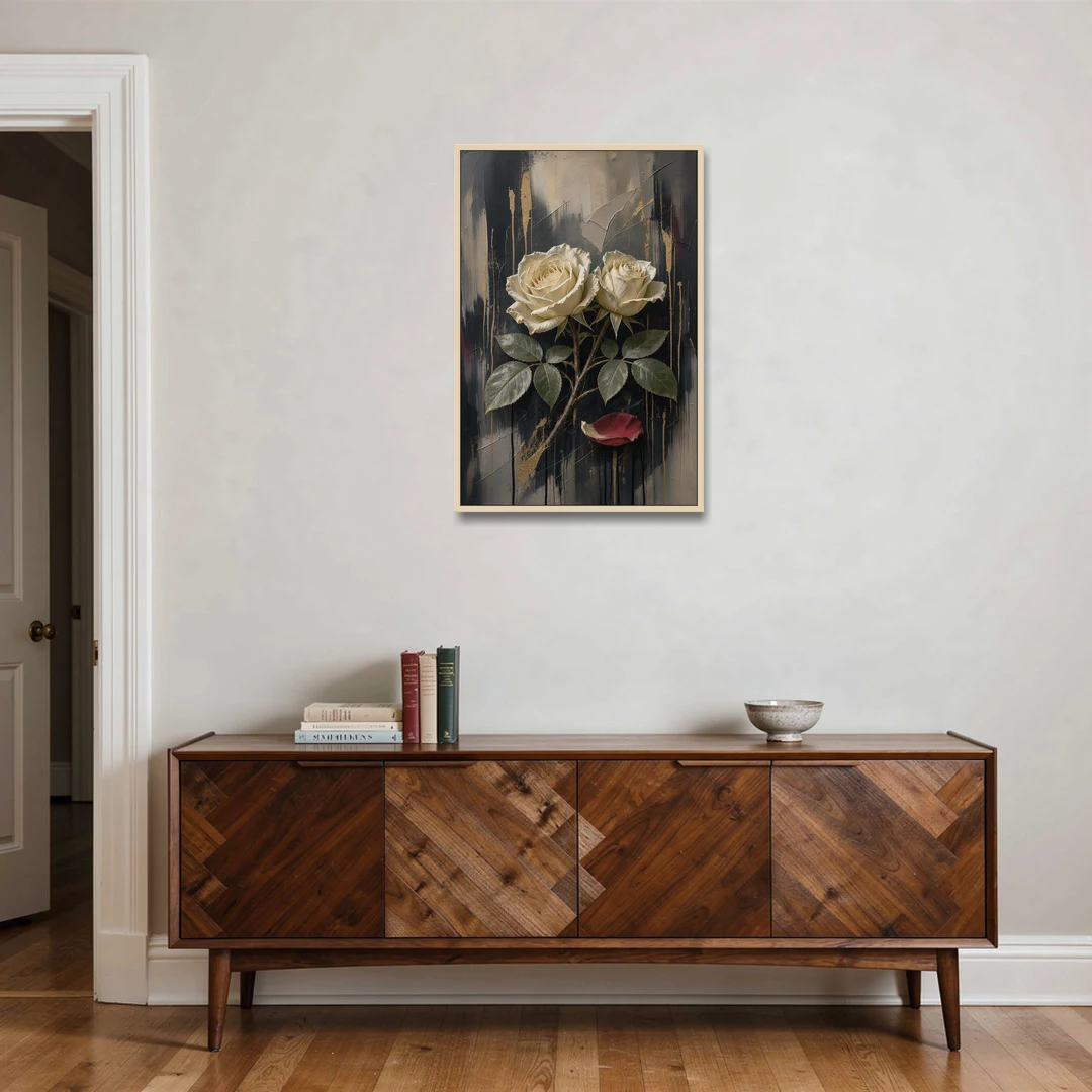 Black Floral Wall Art with Ivory Roses and Gold - Oak Framed Canvas Wall Art - Coffee Table - 24x36