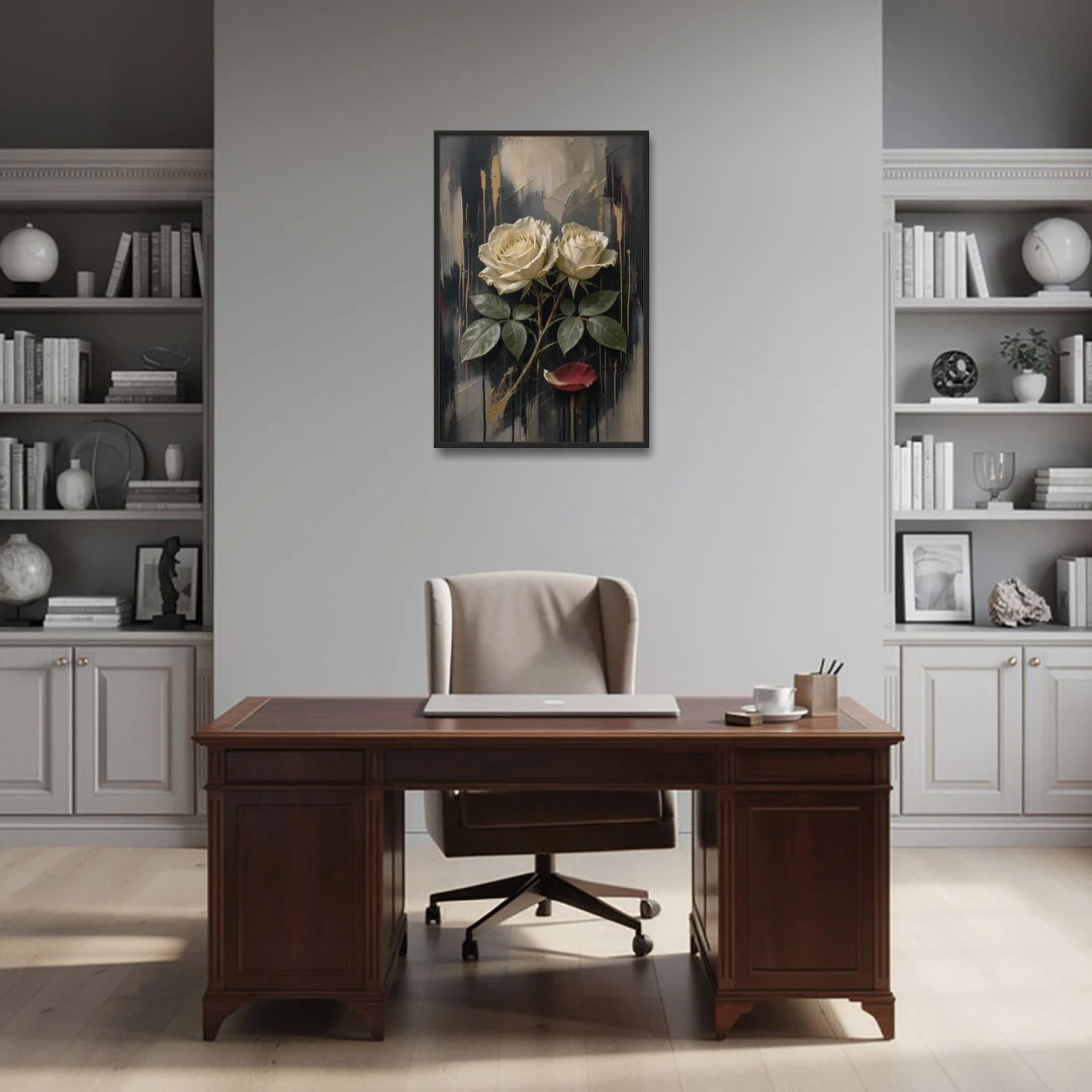 Black Floral Wall Art with Ivory Roses and Gold - Black Framed Canvas Wall Art - Office - 24x36