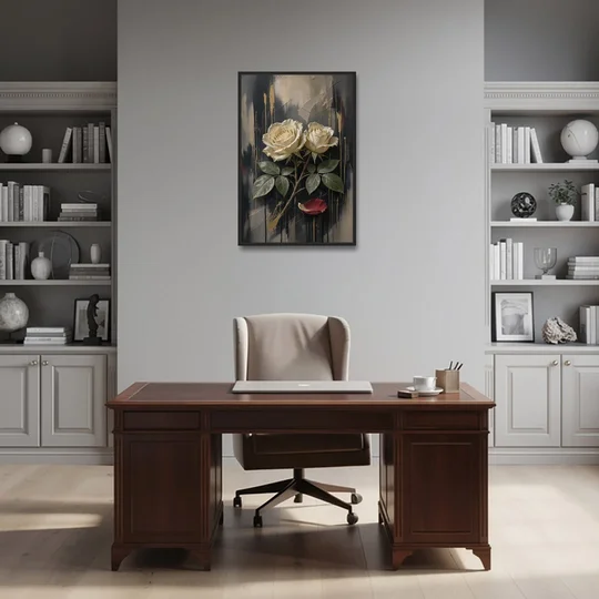Black Floral Wall Art with Ivory Roses and Gold - Black Framed Canvas Wall Art - Office - 24x36
