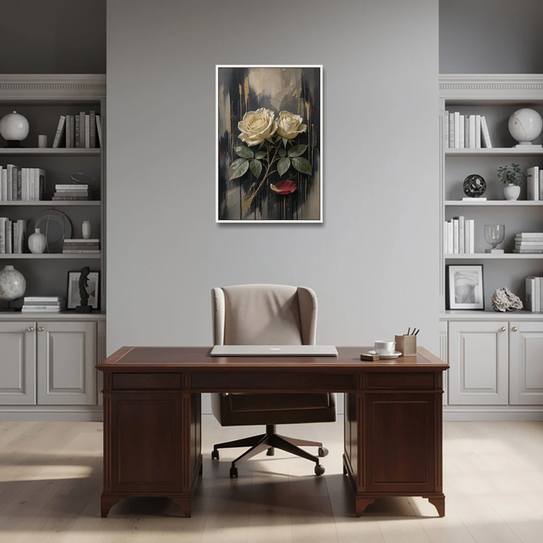 Black Floral Wall Art with Ivory Roses and Gold - White Framed Canvas Wall Art - Office - 24x36