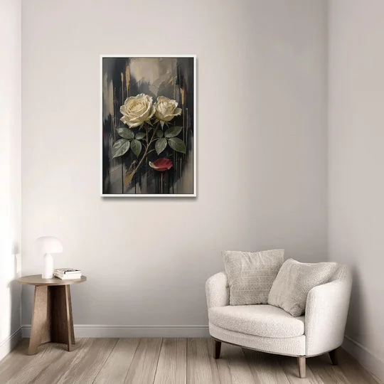 Black Floral Wall Art with Ivory Roses and Gold - White Framed Canvas Wall Art - Sofa - 24x36