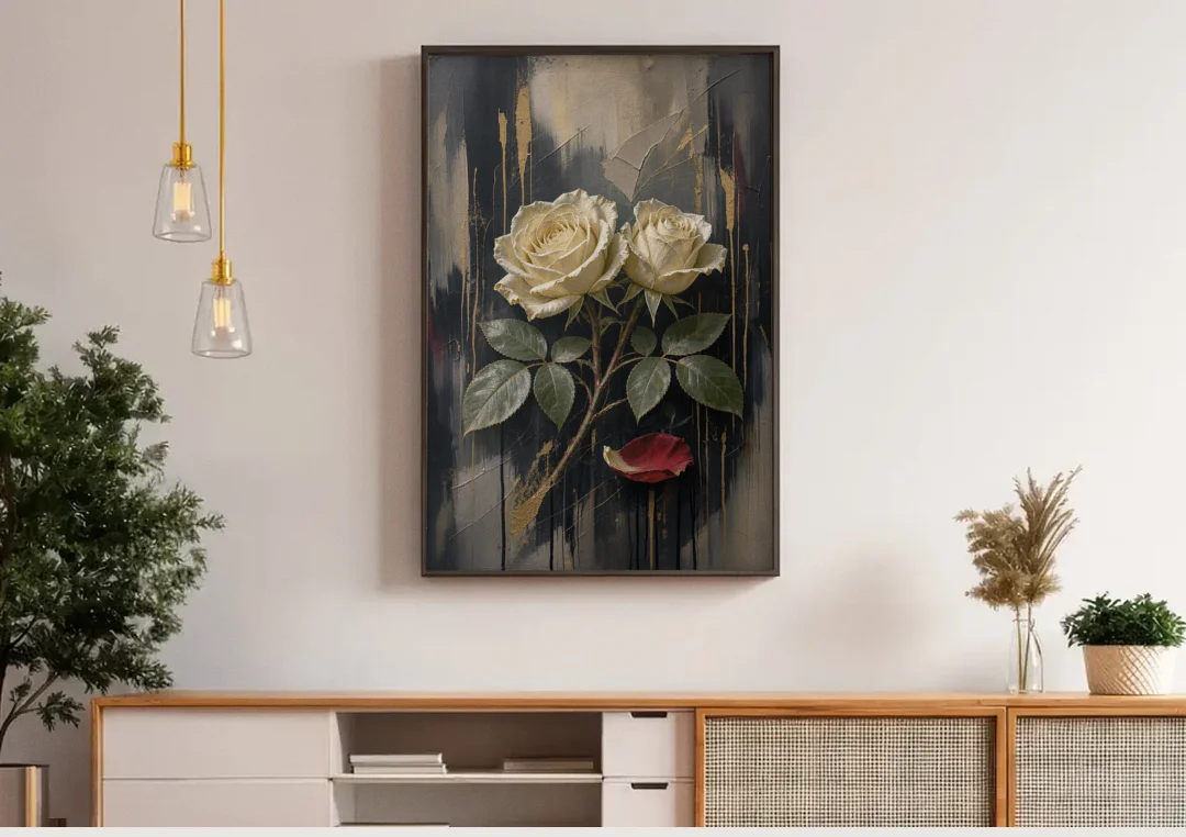 Black Floral Wall Art with Ivory Roses and Gold canvas wall art above a wooden sideboard under pendant lights