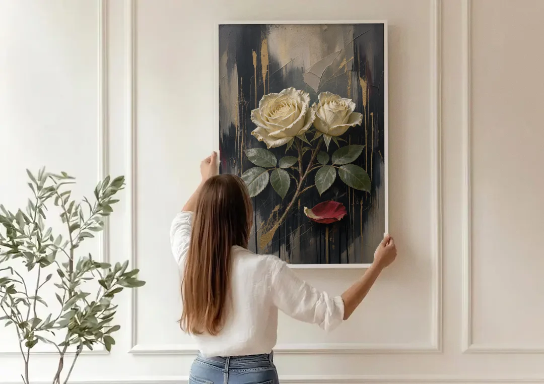 Black Floral Wall Art with Ivory Roses and Gold canvas wall art being hung on a paneled wall
