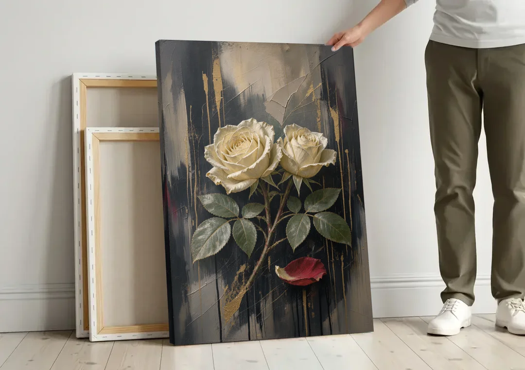 Black Floral Wall Art with Ivory Roses and Gold canvas wall art leaning against a wall next to blank canvases