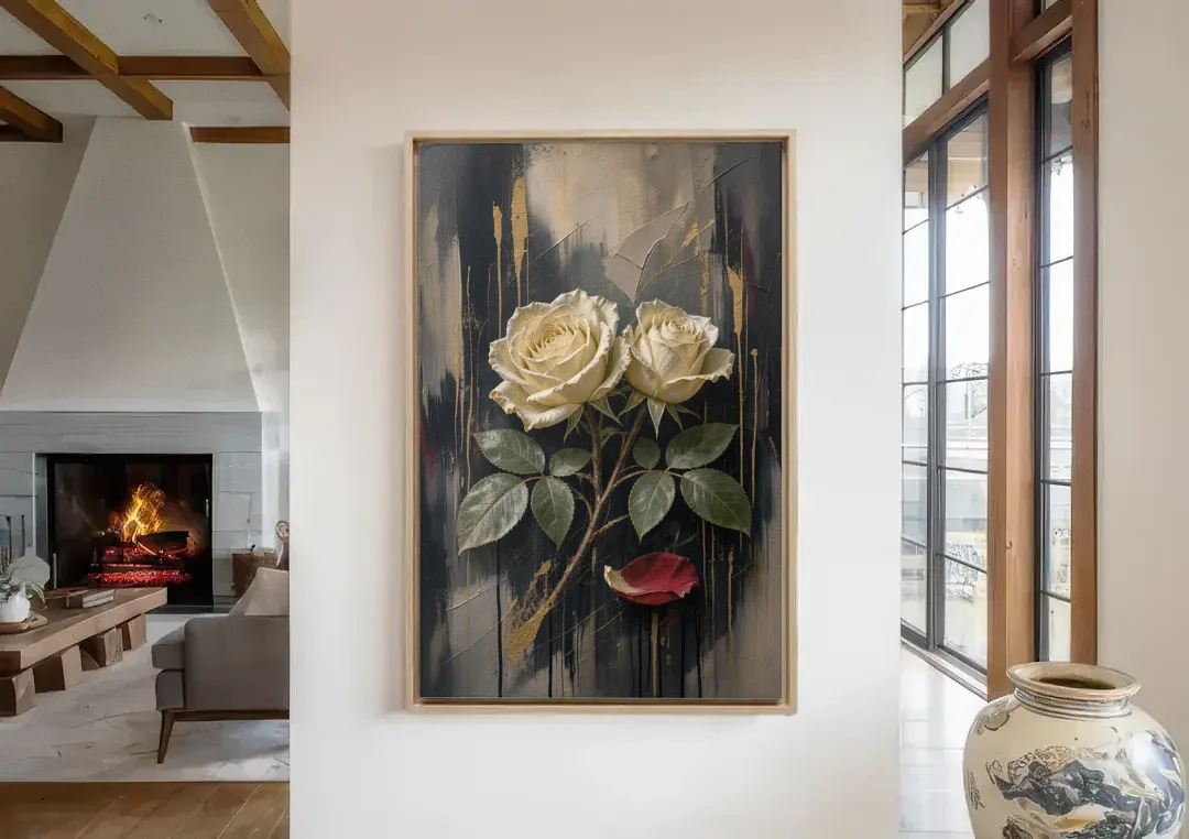 Black Floral Wall Art with Ivory Roses and Gold canvas wall art in a living room with a fireplace