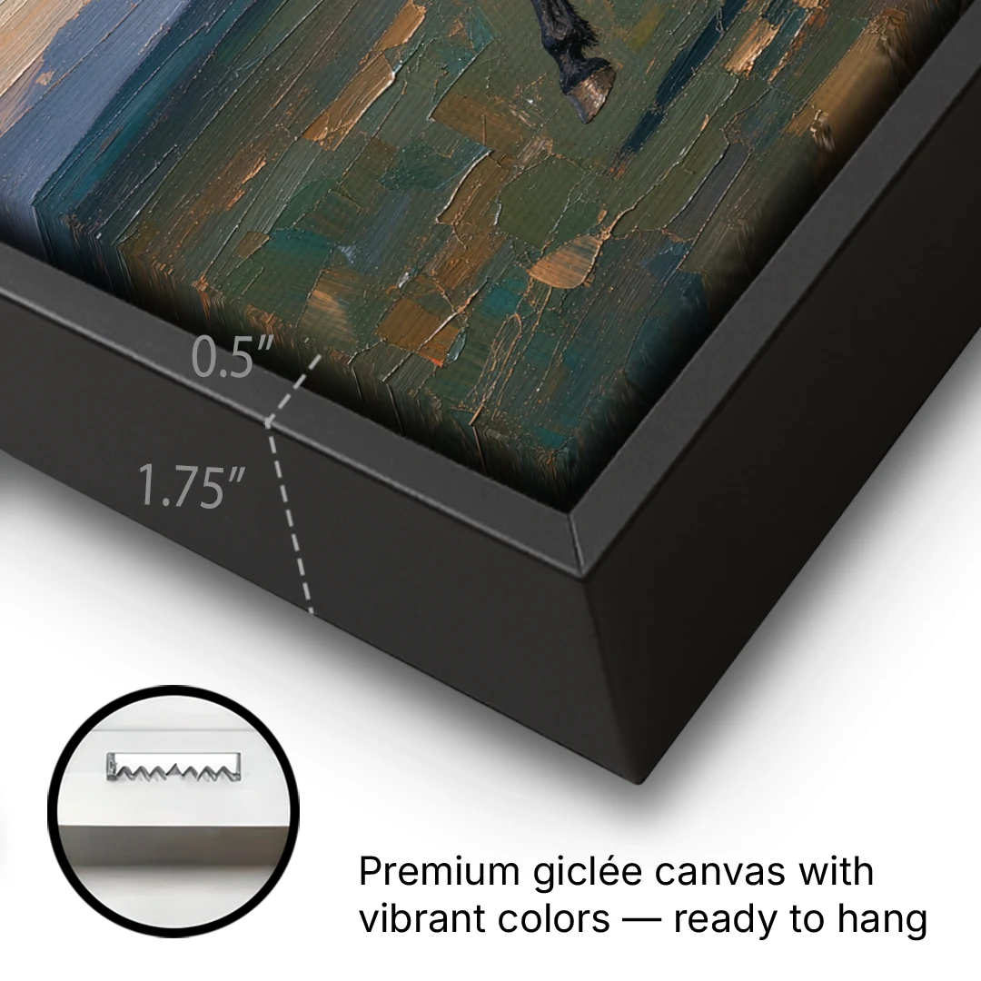 Black Horse Painting at Full Gallop - Black Framed Canvas Wall Art - Gallery Wrap Corner