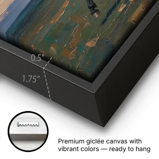 Black Horse Painting at Full Gallop - Black Framed Canvas Wall Art - Gallery Wrap Corner