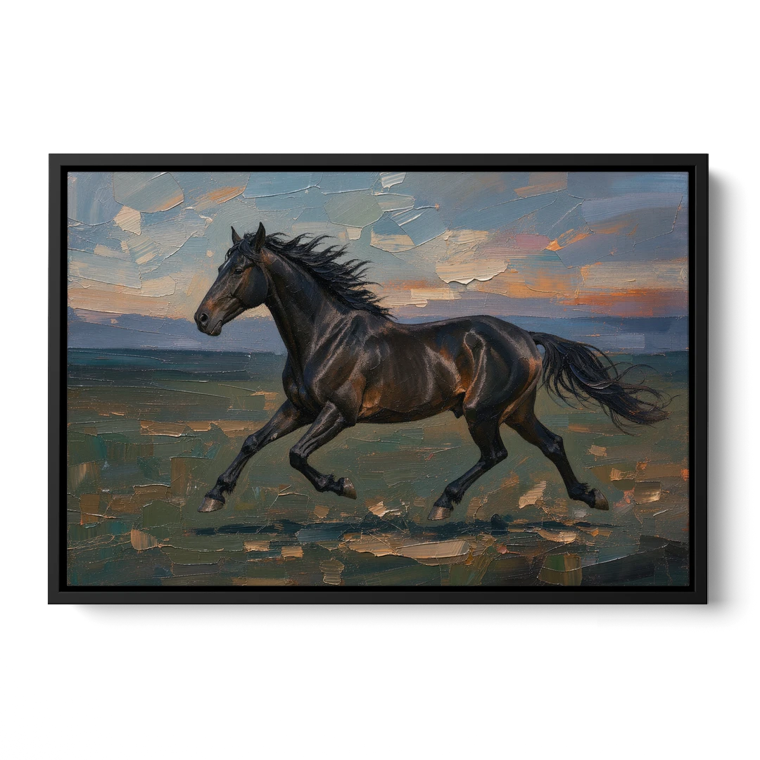 Black Horse Painting at Full Gallop - Black Framed Canvas Wall Art - Front