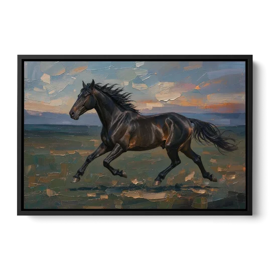 Black Horse Painting at Full Gallop - Black Framed Canvas Wall Art - Front