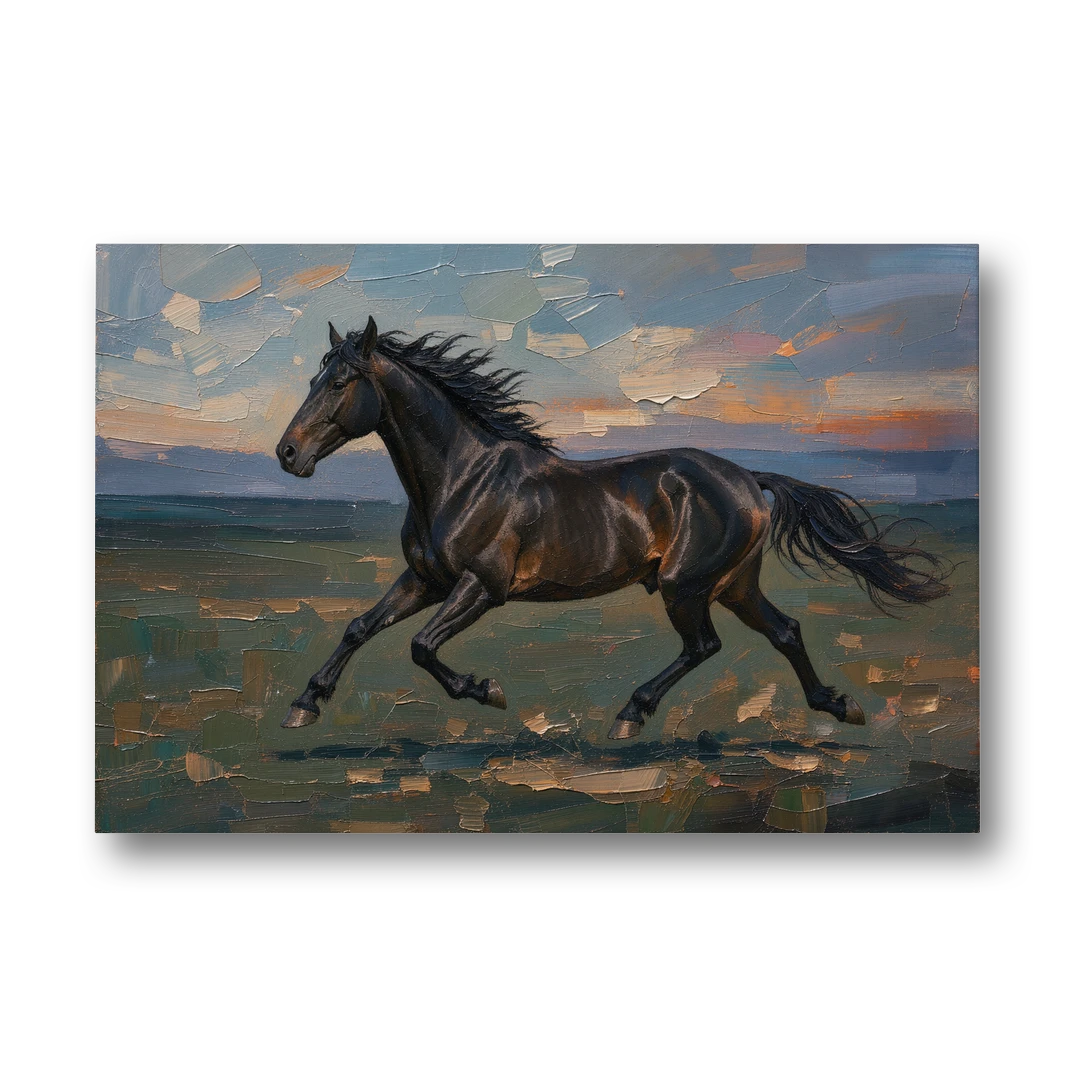 Black Horse Painting at Full Gallop - Canvas Wall Art - Front