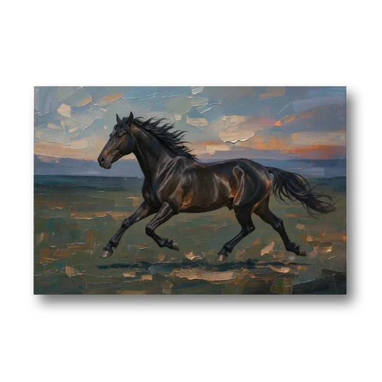 Black Horse Painting at Full Gallop - Canvas Wall Art - Front