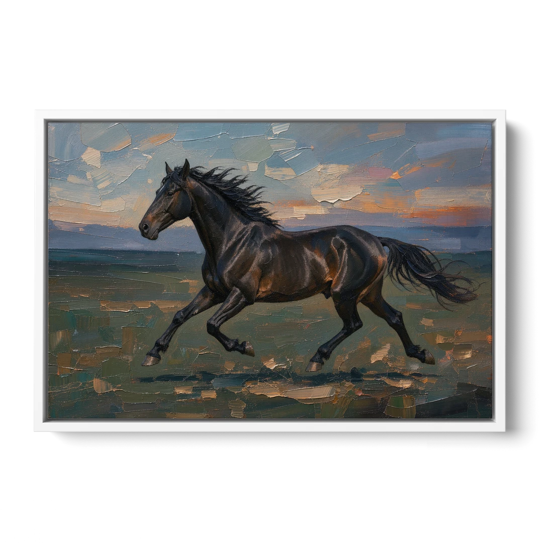 Black Horse Painting at Full Gallop - White Framed Canvas Wall Art - Front