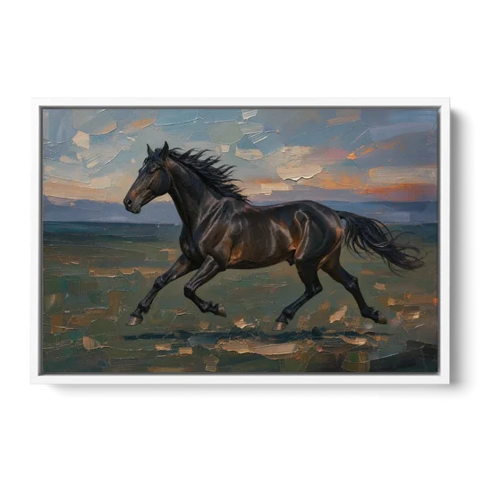 Black Horse Painting at Full Gallop - White Framed Canvas Wall Art - Front