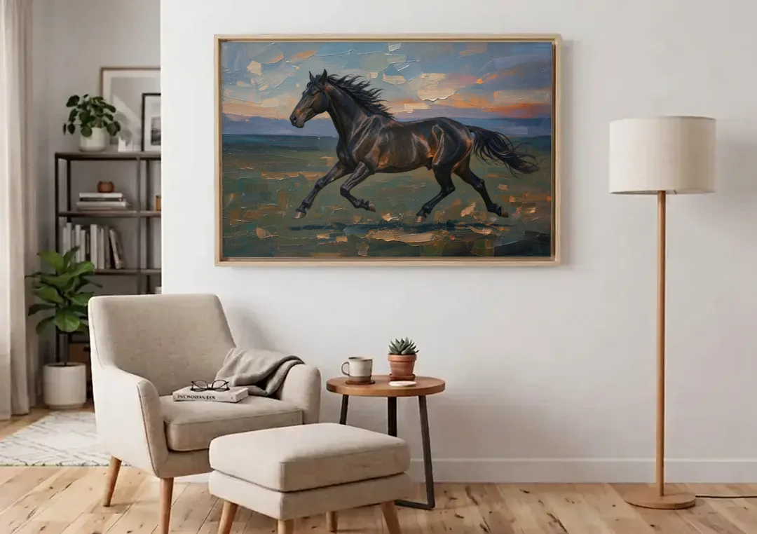 Black Horse Painting at Full Gallop canvas wall art above an armchair in a bright living room