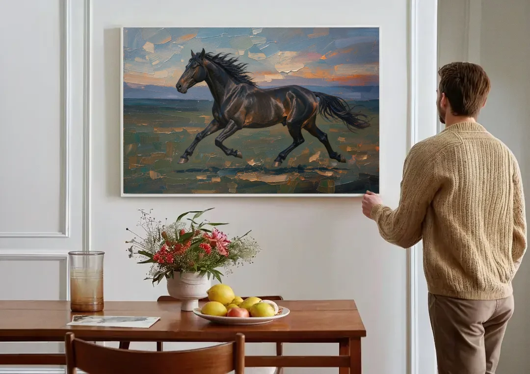 Black Horse Painting at Full Gallop canvas wall art above a dining table