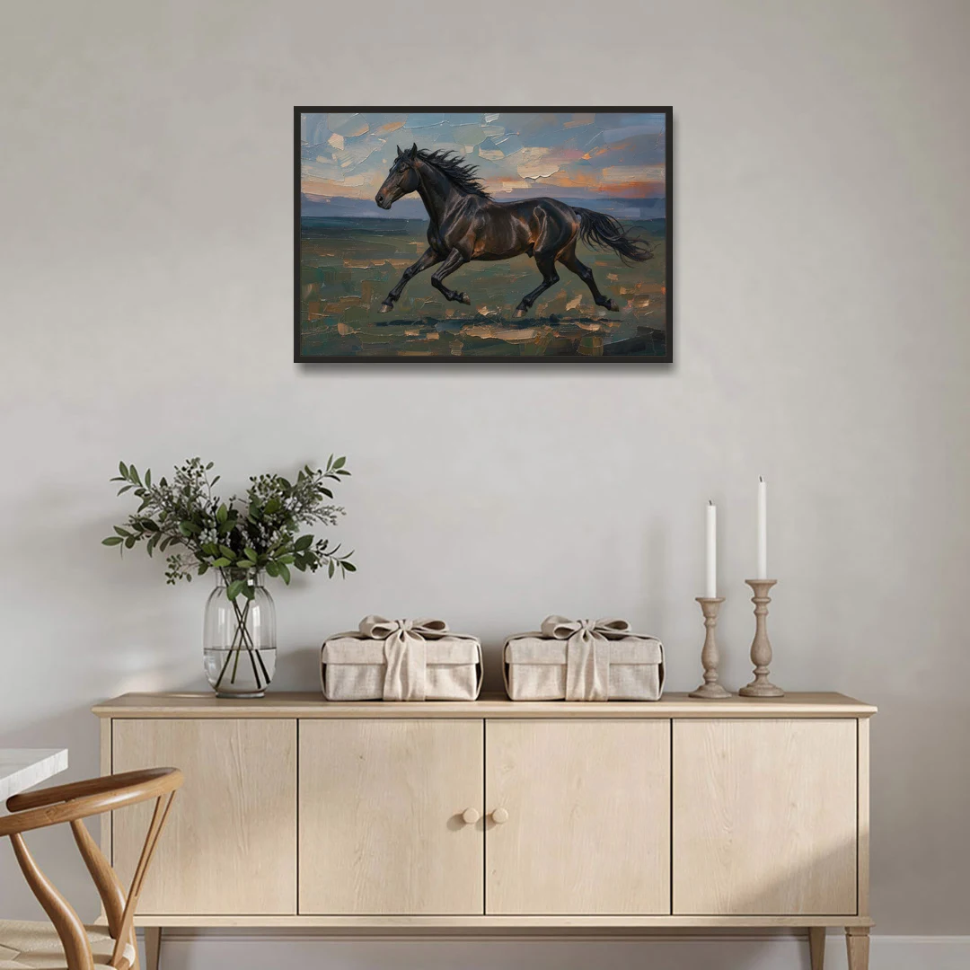 Black Horse Painting at Full Gallop - Black Framed Canvas Wall Art - Coffee Table - 36x24
