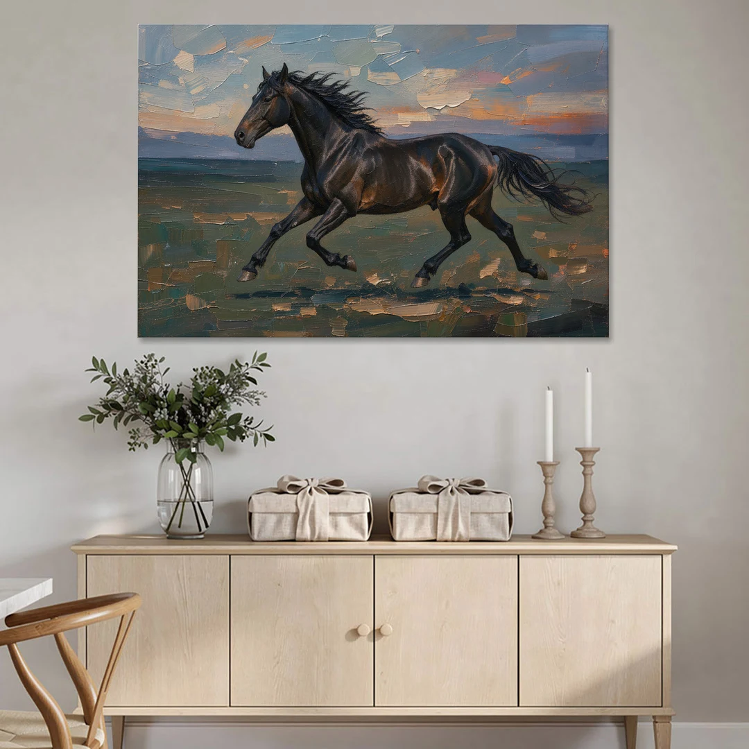 Black Horse Painting at Full Gallop - Canvas Wall Art - Coffee Table - 60x40