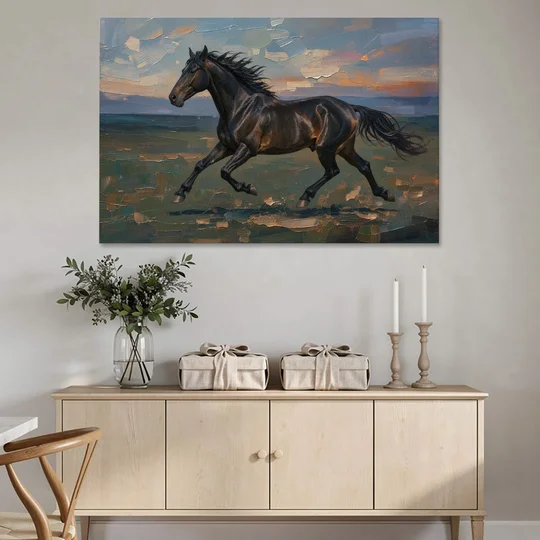 Black Horse Painting at Full Gallop - Canvas Wall Art - Coffee Table - 60x40