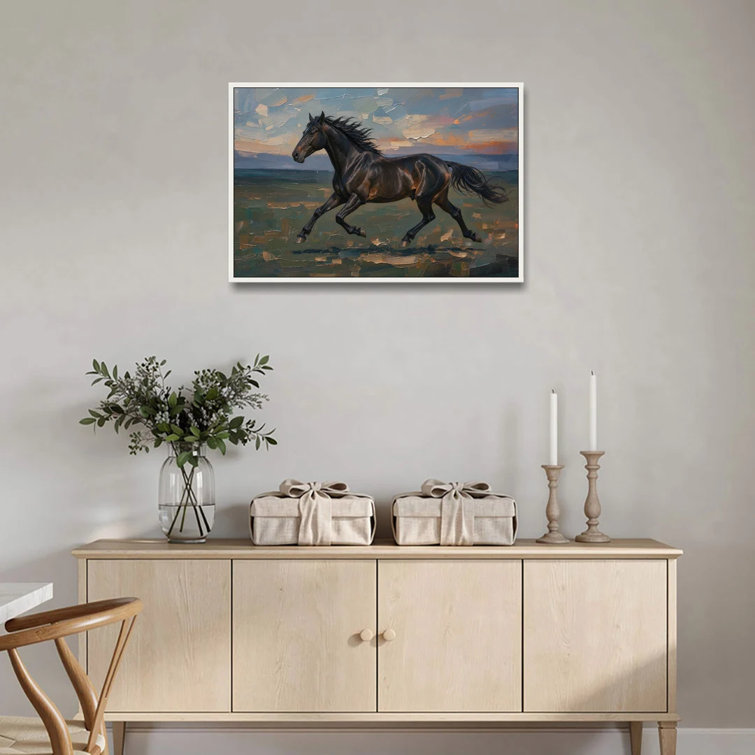 Black Horse Painting at Full Gallop - White Framed Canvas Wall Art - Coffee Table - 36x24