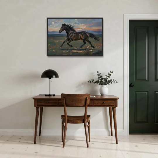 Black Horse Painting at Full Gallop - Black Framed Canvas Wall Art - Office - 36x24