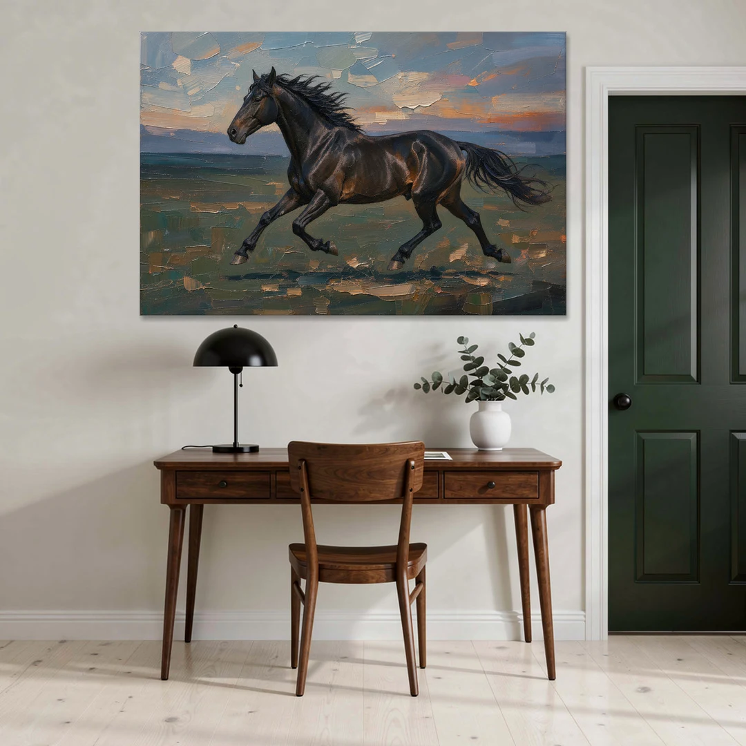 Black Horse Painting at Full Gallop - Canvas Wall Art - Office - 60x40