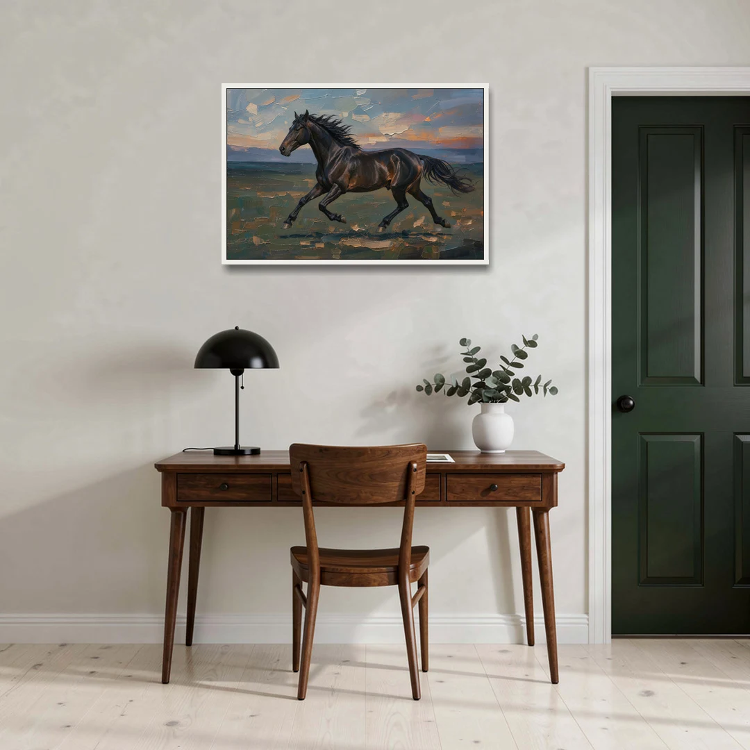 Black Horse Painting at Full Gallop - White Framed Canvas Wall Art - Office - 36x24