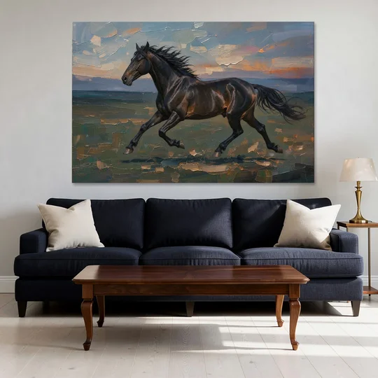 Black Horse Painting at Full Gallop - Canvas Wall Art - Sofa - 60x40