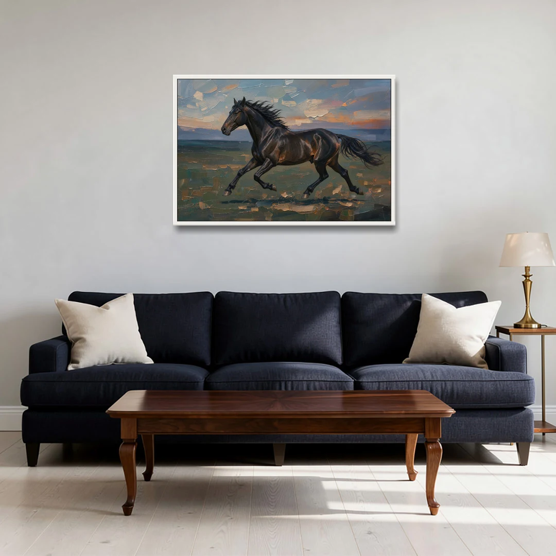 Black Horse Painting at Full Gallop - White Framed Canvas Wall Art - Sofa - 36x24