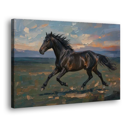 Black Horse Painting at Full Gallop - Canvas Wall Art - Side