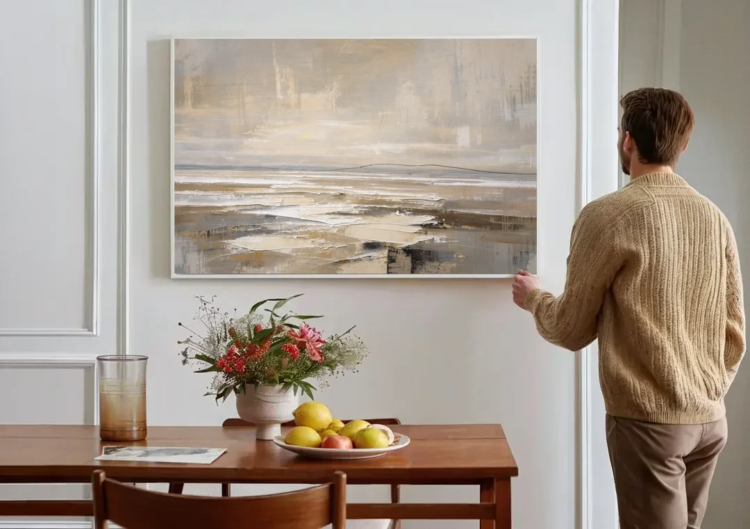 Black Line Abstract Painting Across a Salt Flat canvas wall art above a dining table