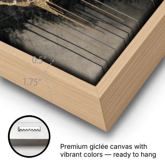 Black Marble with Gilded Veins for the Bathroom - Oak Framed Canvas Wall Art - Gallery Wrap Corner