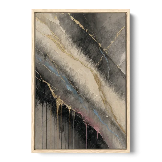 Black Marble with Gilded Veins for the Bathroom - Oak Framed Canvas Wall Art - Front