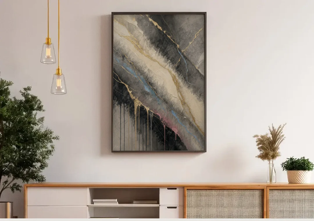 Black Marble with Gilded Veins for the Bathroom canvas wall art above a wooden sideboard under pendant lights