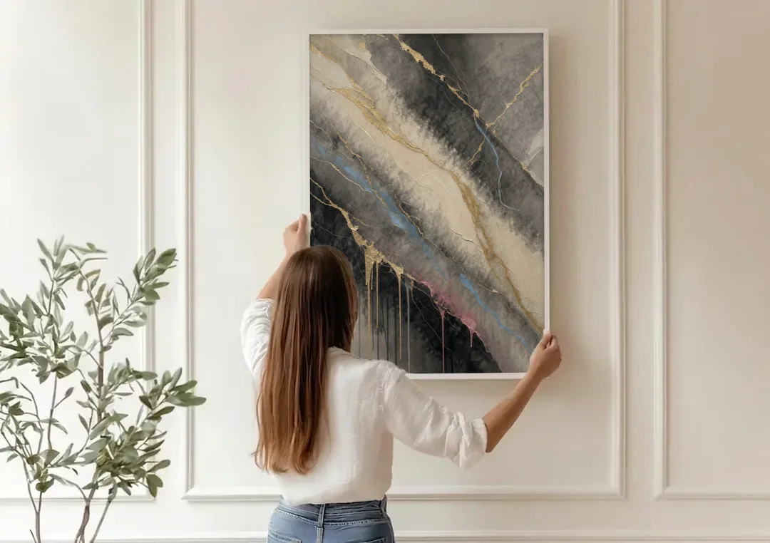 Black Marble with Gilded Veins for the Bathroom canvas wall art being hung on a paneled wall