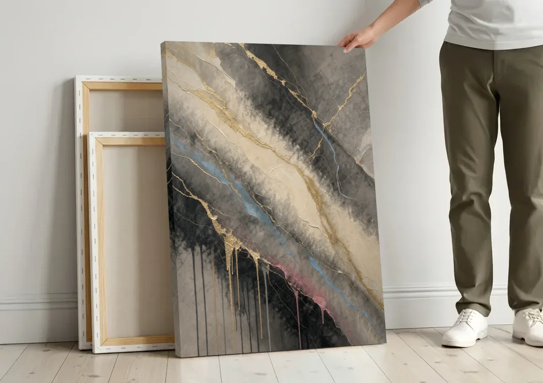 Black Marble with Gilded Veins for the Bathroom canvas wall art leaning against a wall next to blank canvases