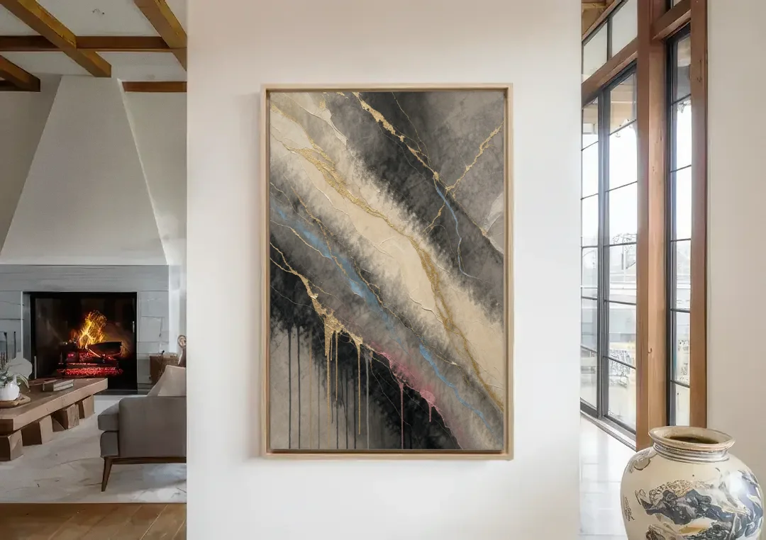 Black Marble with Gilded Veins for the Bathroom canvas wall art in a living room with a fireplace