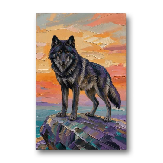 Black Wolf Painting on Granite at Sunset - Canvas Wall Art - Front