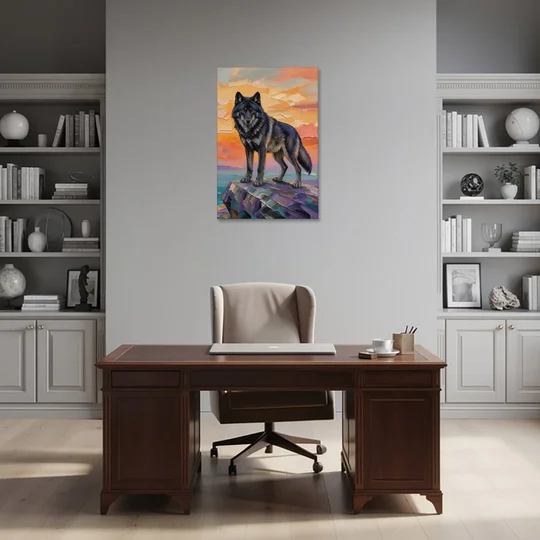 Black Wolf Painting on Granite at Sunset - Canvas Wall Art - Office - 24x36