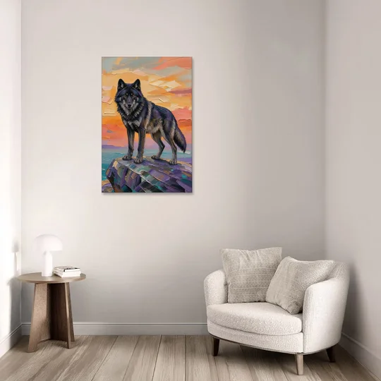 Black Wolf Painting on Granite at Sunset - Canvas Wall Art - Sofa - 24x36