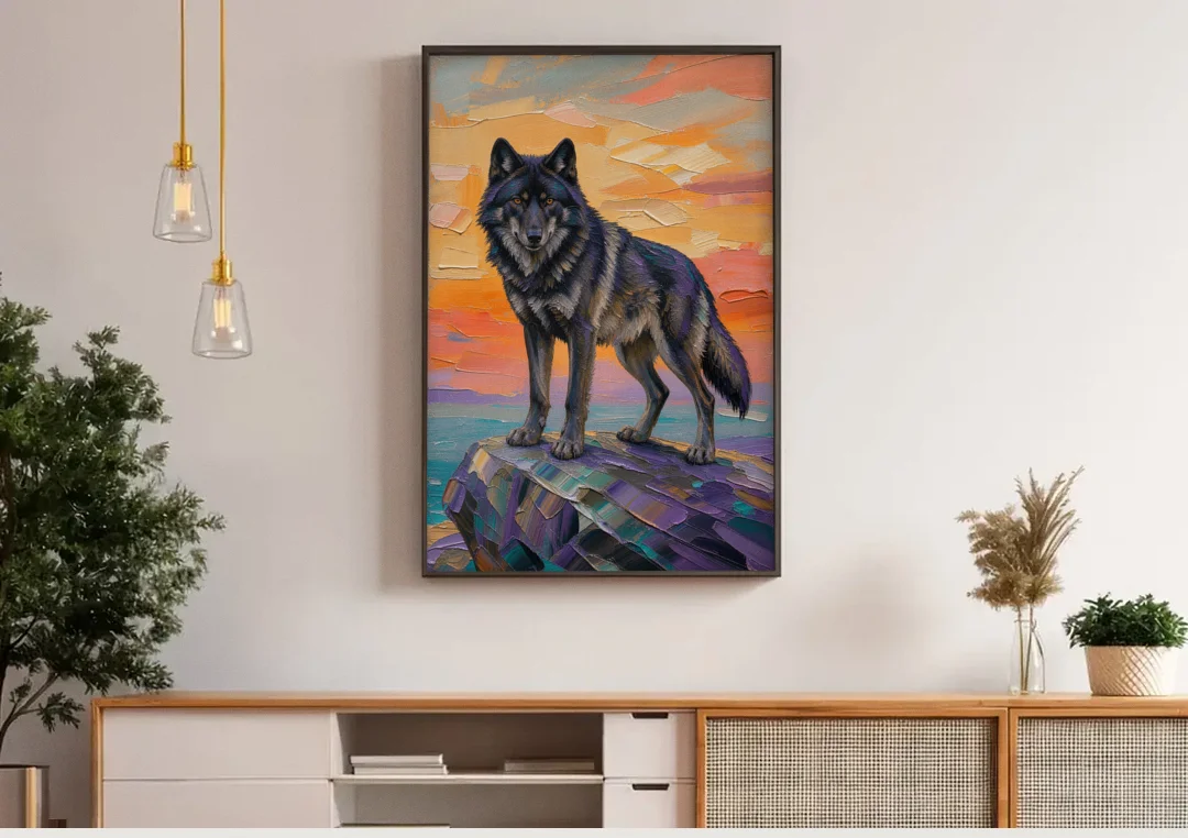 Black Wolf Painting on Granite at Sunset canvas wall art above a wooden sideboard under pendant lights