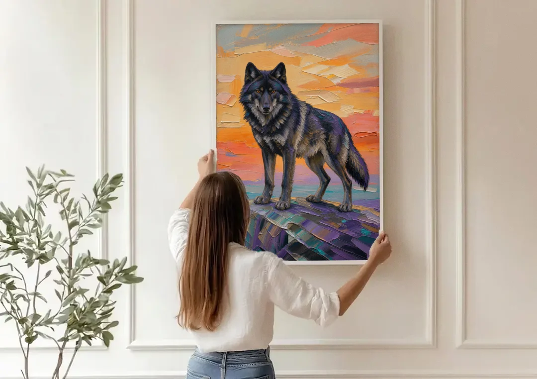 Black Wolf Painting on Granite at Sunset canvas wall art being hung on a paneled wall